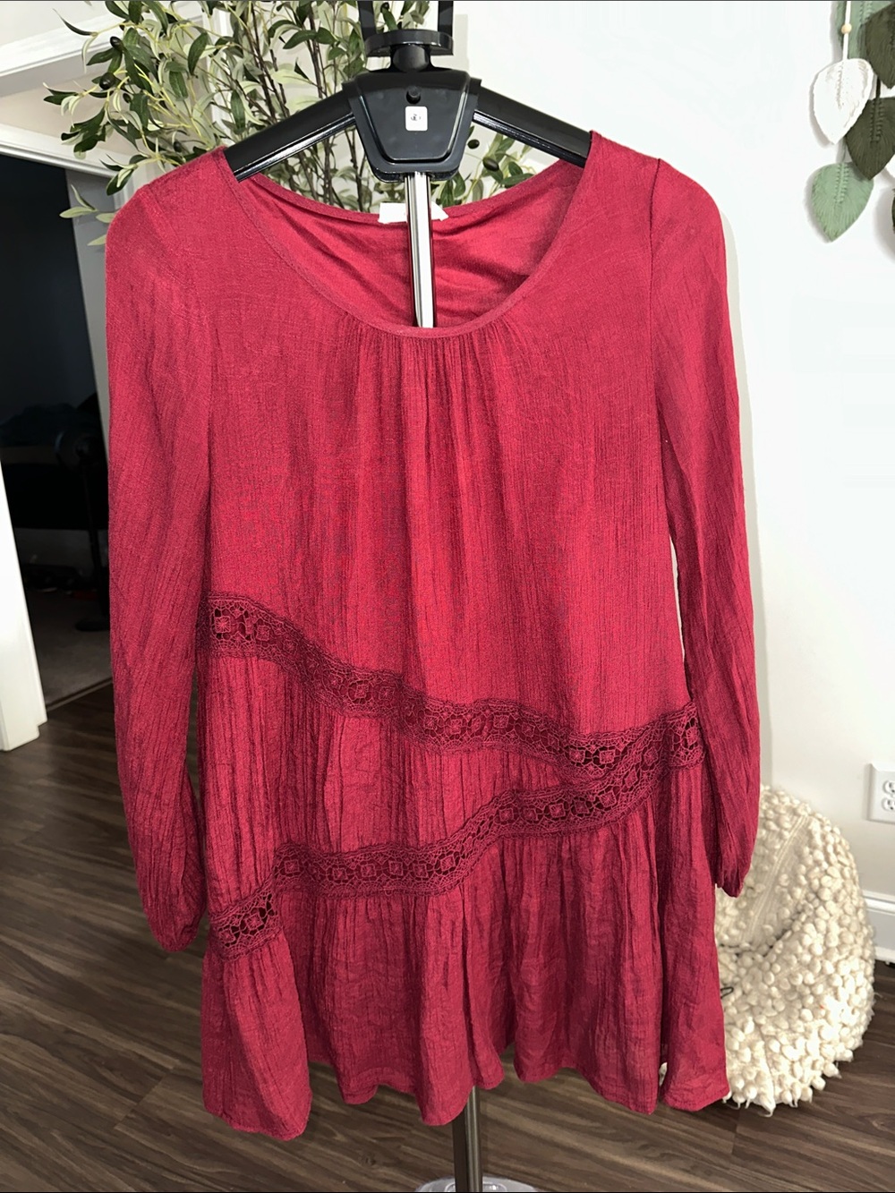 entro Burgundy Long-Sleeve Boho Tunic Dress